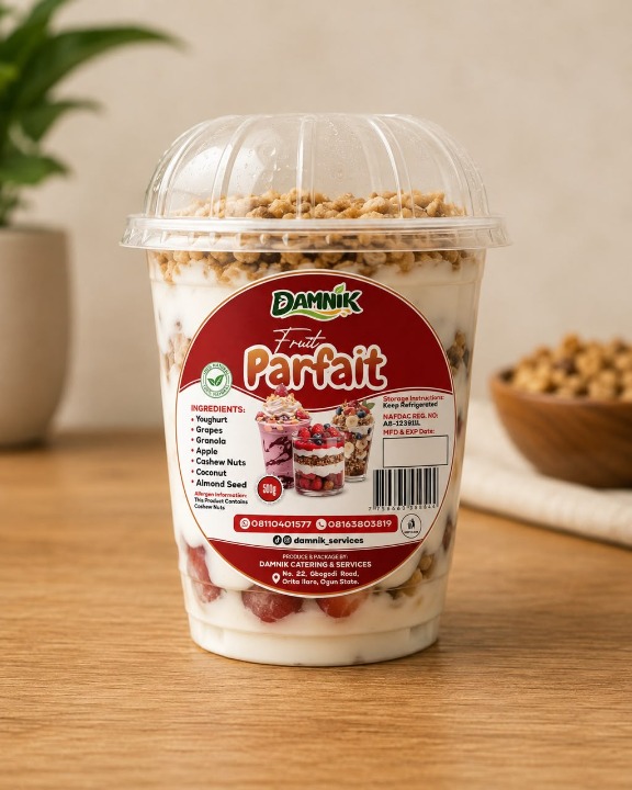 DAMNIK Fruit Parfait with creamy yoghurt, fresh fruits and crunchy granola.