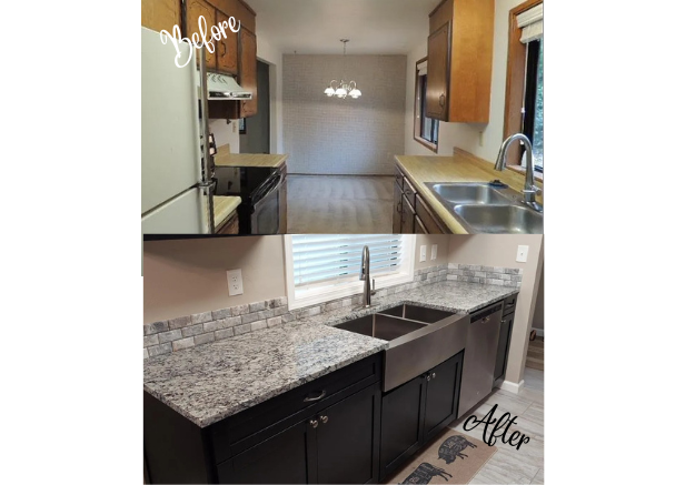Master Builders kitchen remodel, cabinets, counters, sink, trim work, backsplash, plumbing, flooring, custom tile