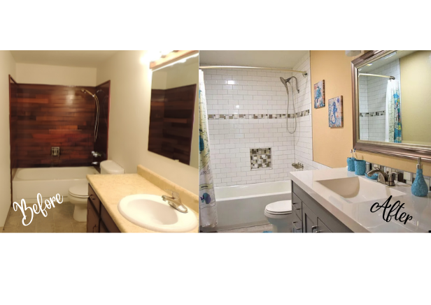 Master Builders bathroom remodel, floors, bathtub, vanity, mirror, custom tile work